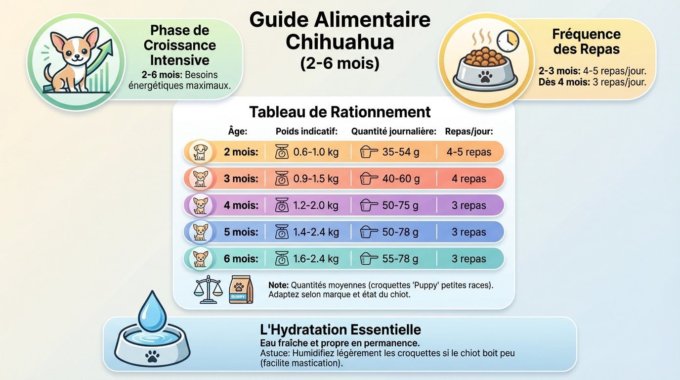 Chiot chihuahua mangeant ses croquettes adaptées à sa croissance
