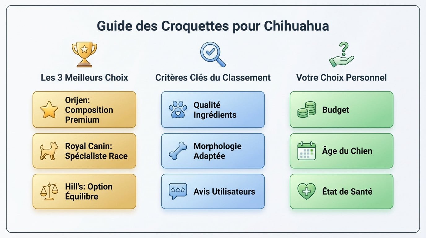 Comparatif visuel des trois meilleures marques de croquettes adaptées aux chihuahuas