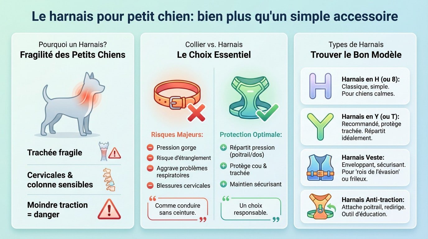 Petit chien portant un harnais confortable et sécurisé lors d'une promenade