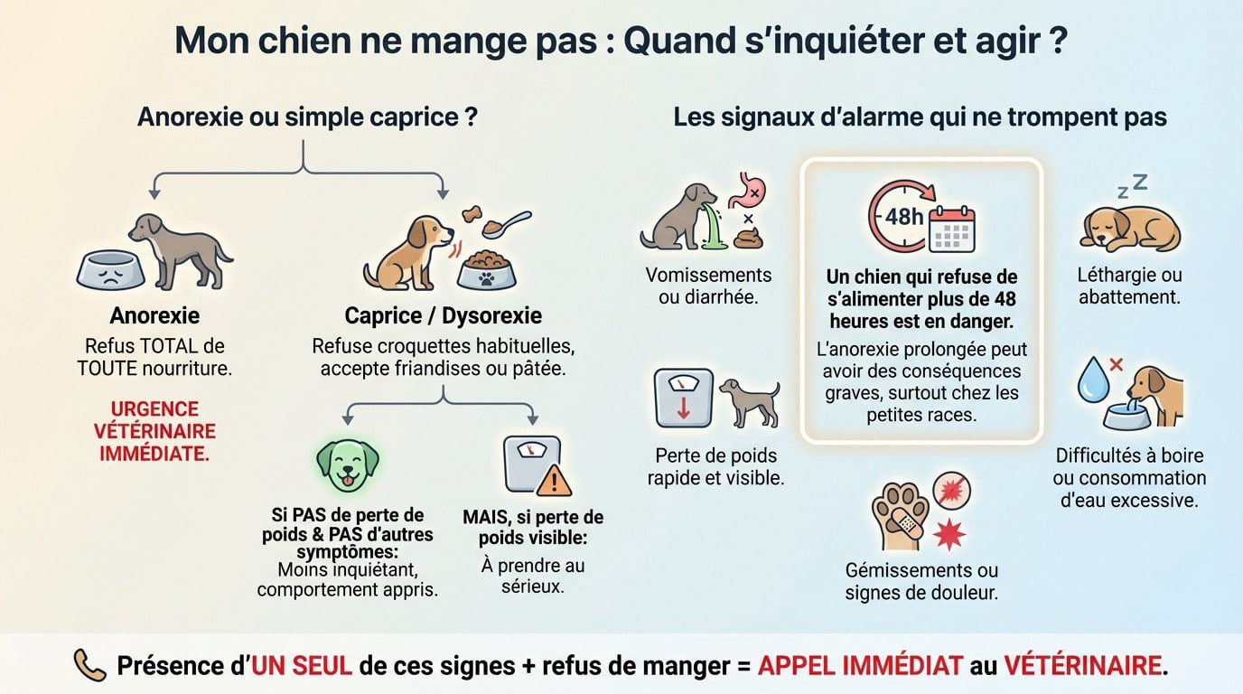 Chien triste devant sa gamelle de croquettes pleine