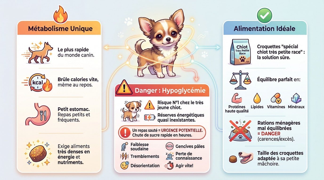 Chiot chihuahua mangeant des croquettes adaptées pour éviter l'hypoglycémie