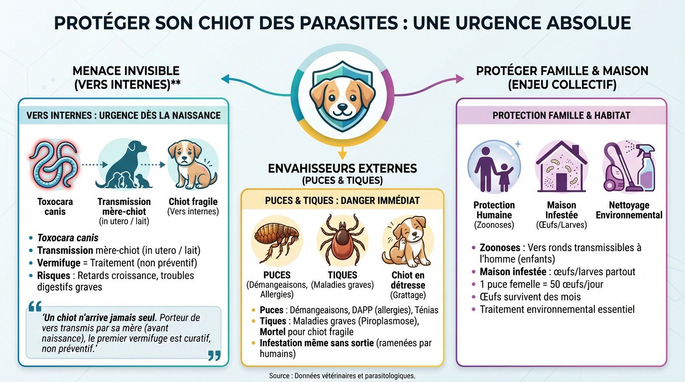 Chiot dormant paisiblement, soulignant l'importance d'un traitement antiparasitaire précoce pour sa santé
