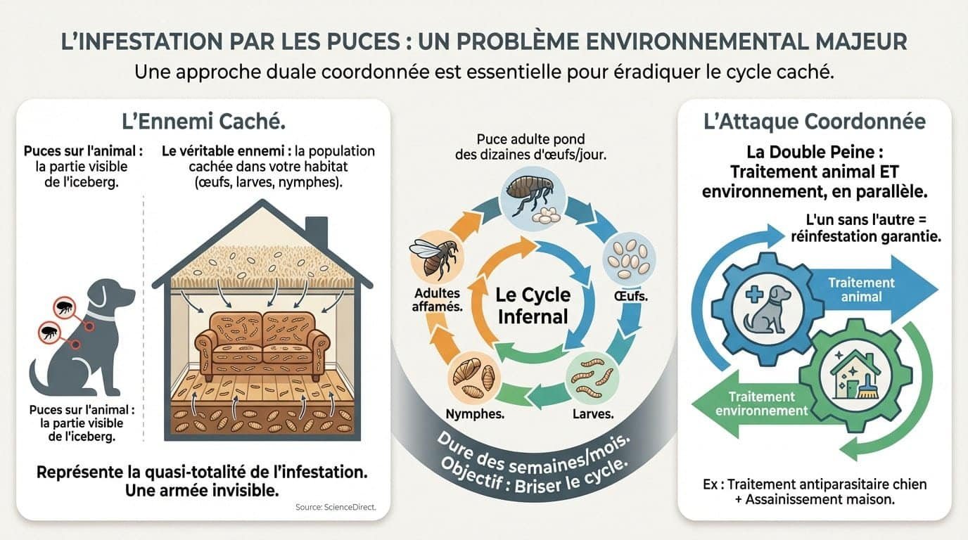 Schéma montrant la répartition des puces : 5% sur l'animal et 95% dans l'environnement domestique