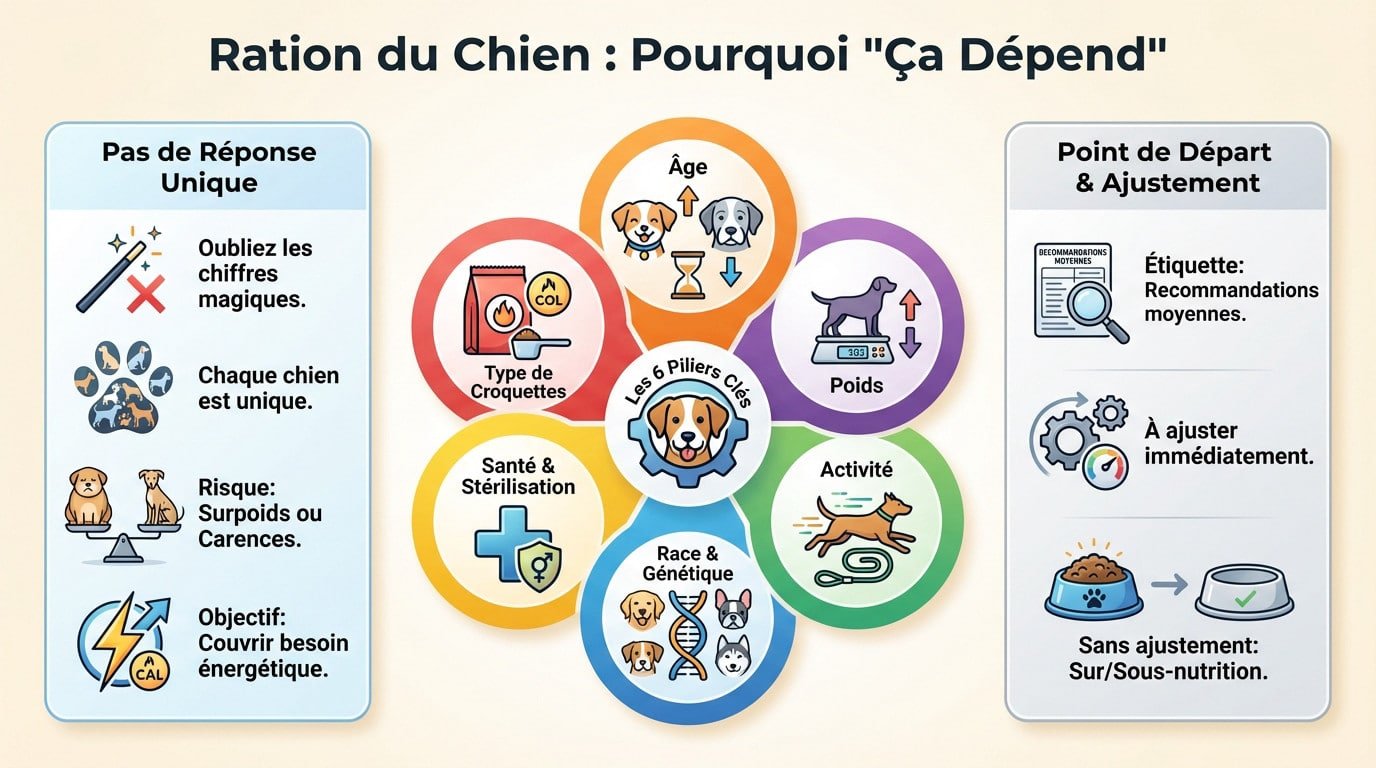 Chien devant sa gamelle de croquettes illustrant la variabilité de la ration alimentaire