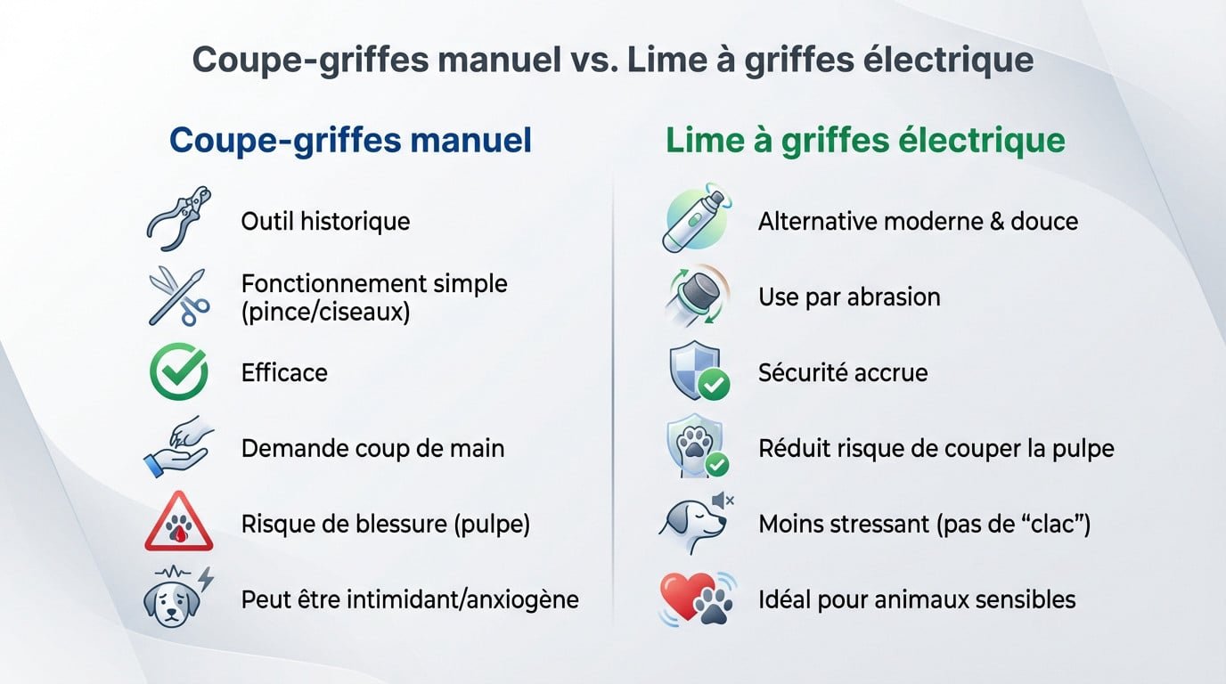 Comparaison visuelle entre un coupe-griffes manuel classique et une lime électrique pour chien