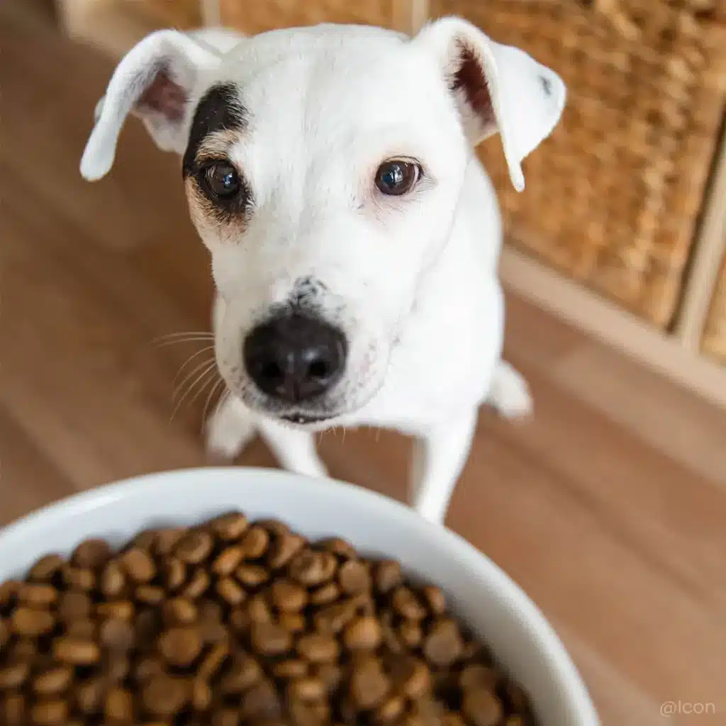 un petit chien devant sa gamelles de croquettes ultra premium direct