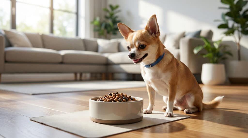 Un petit chihuahua aux poils fauves et blancs s'apprête à manger ses croquettes dans un bol posé sur un tapis.