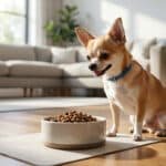 Un petit chihuahua aux poils fauves et blancs s'apprête à manger ses croquettes dans un bol posé sur un tapis.