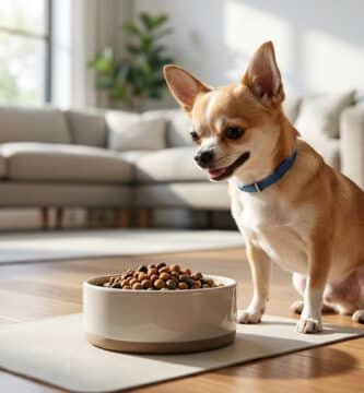 Un petit chihuahua aux poils fauves et blancs s'apprête à manger ses croquettes dans un bol posé sur un tapis.