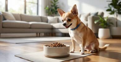 Un petit chihuahua aux poils fauves et blancs s'apprête à manger ses croquettes dans un bol posé sur un tapis.