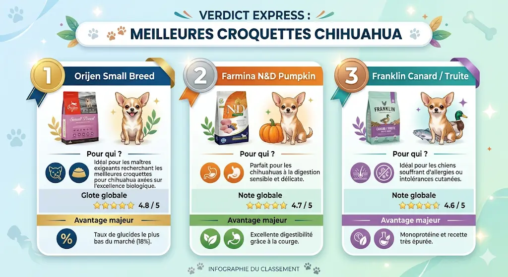 infographie top 3 des meilleures croquettes pour chihuahua